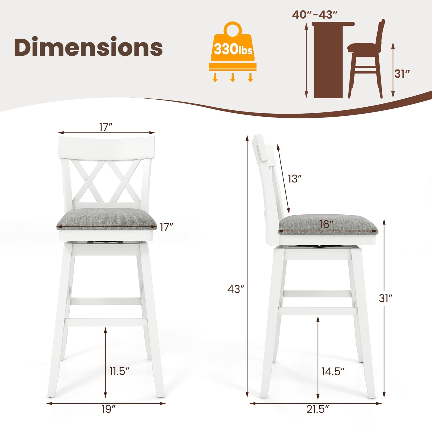 Swivel Bar Stool with Padded Seat and Ergonomic Backrest for Kitchen or Dining Space White 31 Inch