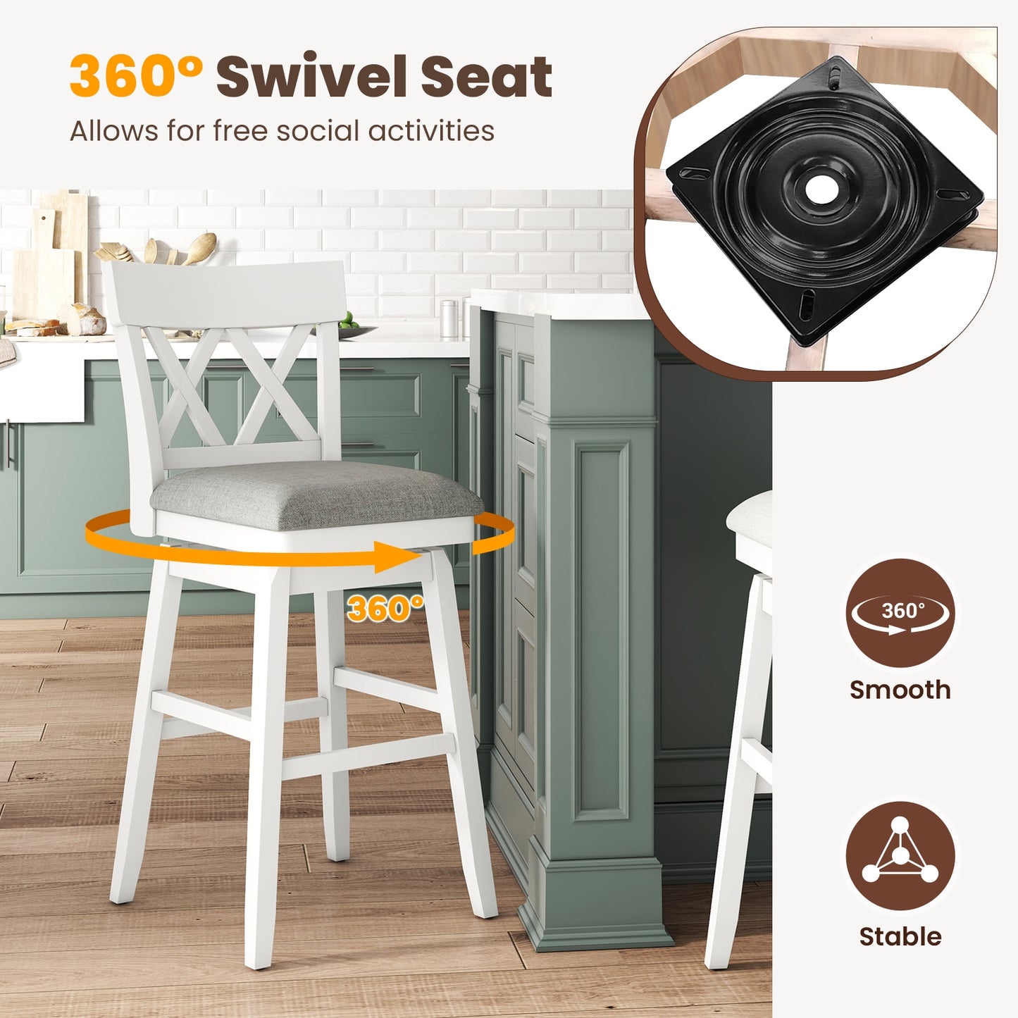 Swivel Bar Stool with Padded Seat and Ergonomic Backrest for Kitchen or Dining Space White 31 Inch