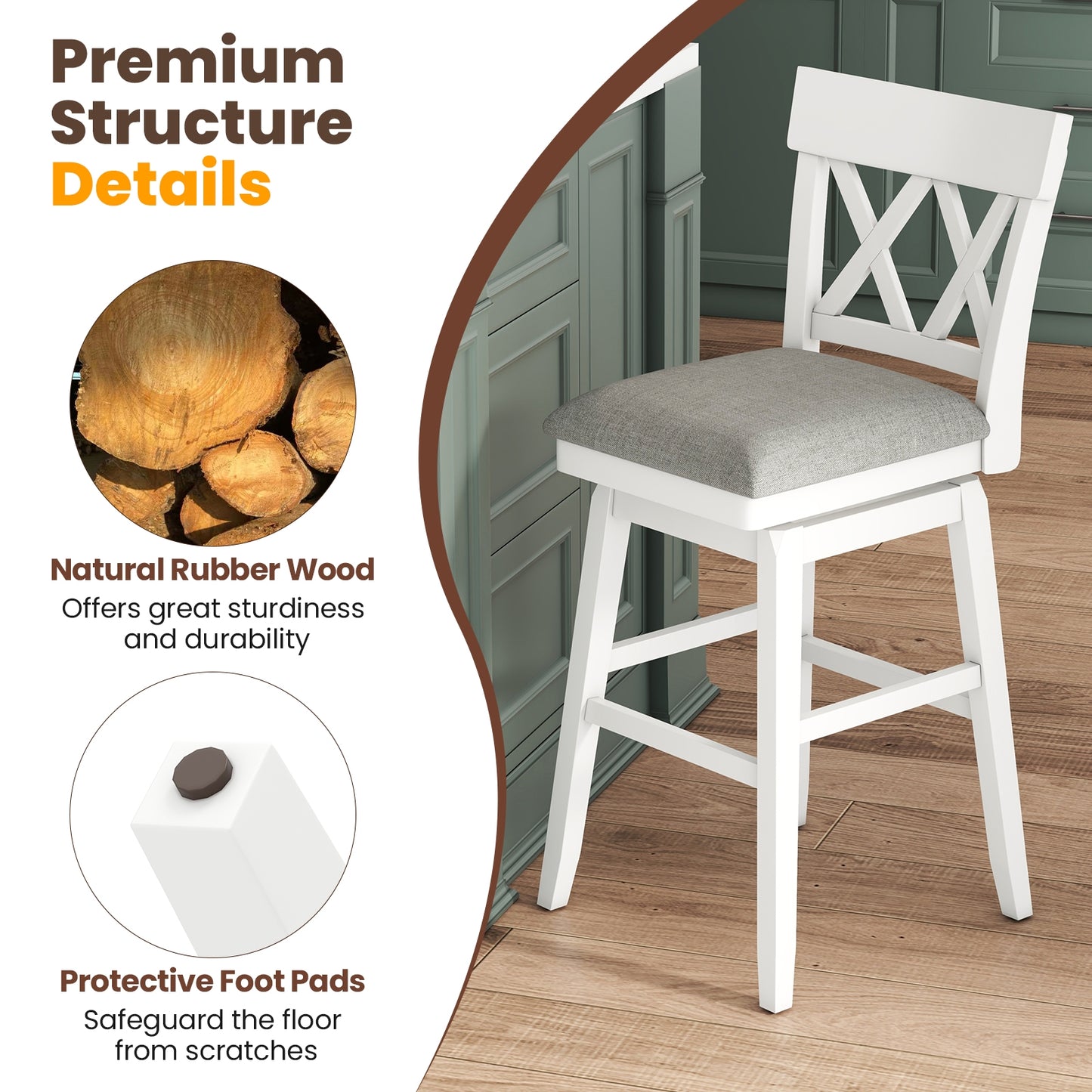 Swivel Bar Stool with Padded Seat and Ergonomic Backrest for Kitchen or Dining Space White 31 Inch