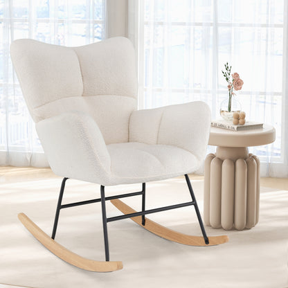Cozy Teddy Fabric Nursery Rocking Chair with Supportive Backrest Armrests and Gentle Motion