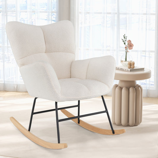 Cozy Teddy Fabric Nursery Rocking Chair with Supportive Backrest Armrests and Gentle Motion