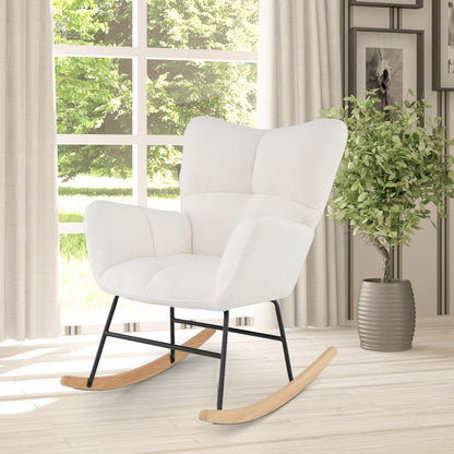 Cozy Teddy Fabric Nursery Rocking Chair with Supportive Backrest Armrests and Gentle Motion