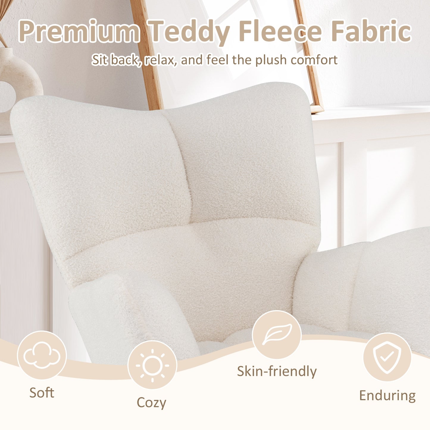 Cozy Teddy Fabric Nursery Rocking Chair with Supportive Backrest Armrests and Gentle Motion