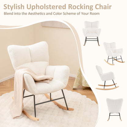 Cozy Teddy Fabric Nursery Rocking Chair with Supportive Backrest Armrests and Gentle Motion
