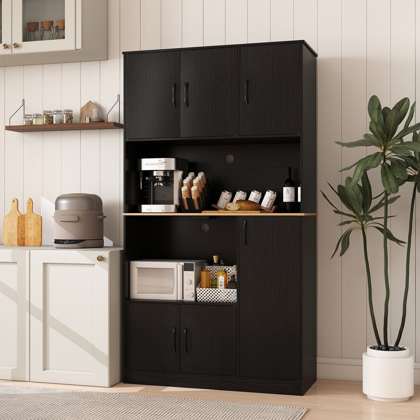 Tall Kitchen Pantry Cabinet with Charging Station and Storage Shelves Buffet Sideboard Cupboard 71 Inch
