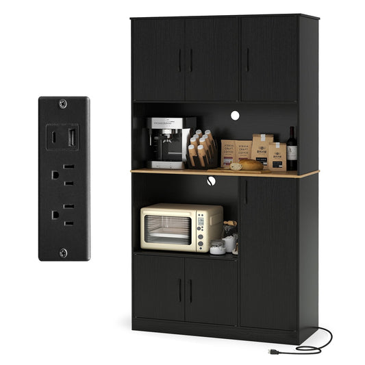 Tall Kitchen Pantry Cabinet with Charging Station and Storage Shelves Buffet Sideboard Cupboard 71 Inch