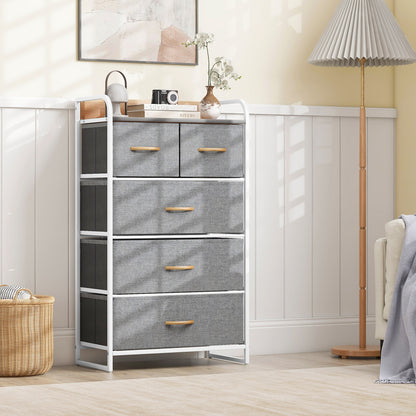5 Drawer Fabric Dresser with Wooden Top and Steel Frame Storage Tower Grey