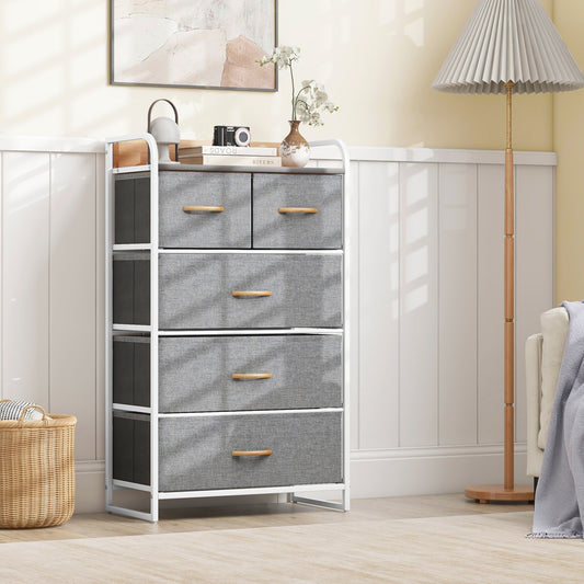 5 Drawer Fabric Dresser with Wooden Top and Steel Frame Storage Tower Grey
