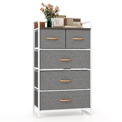 5 Drawer Fabric Dresser with Wooden Top and Steel Frame Storage Tower Grey