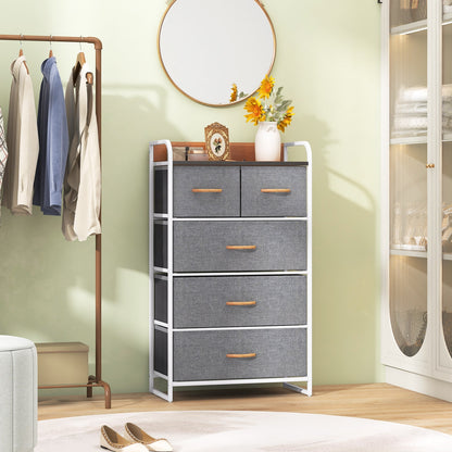 5 Drawer Fabric Dresser with Wooden Top and Steel Frame Storage Tower Grey
