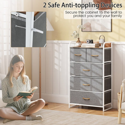 5 Drawer Fabric Dresser with Wooden Top and Steel Frame Storage Tower Grey