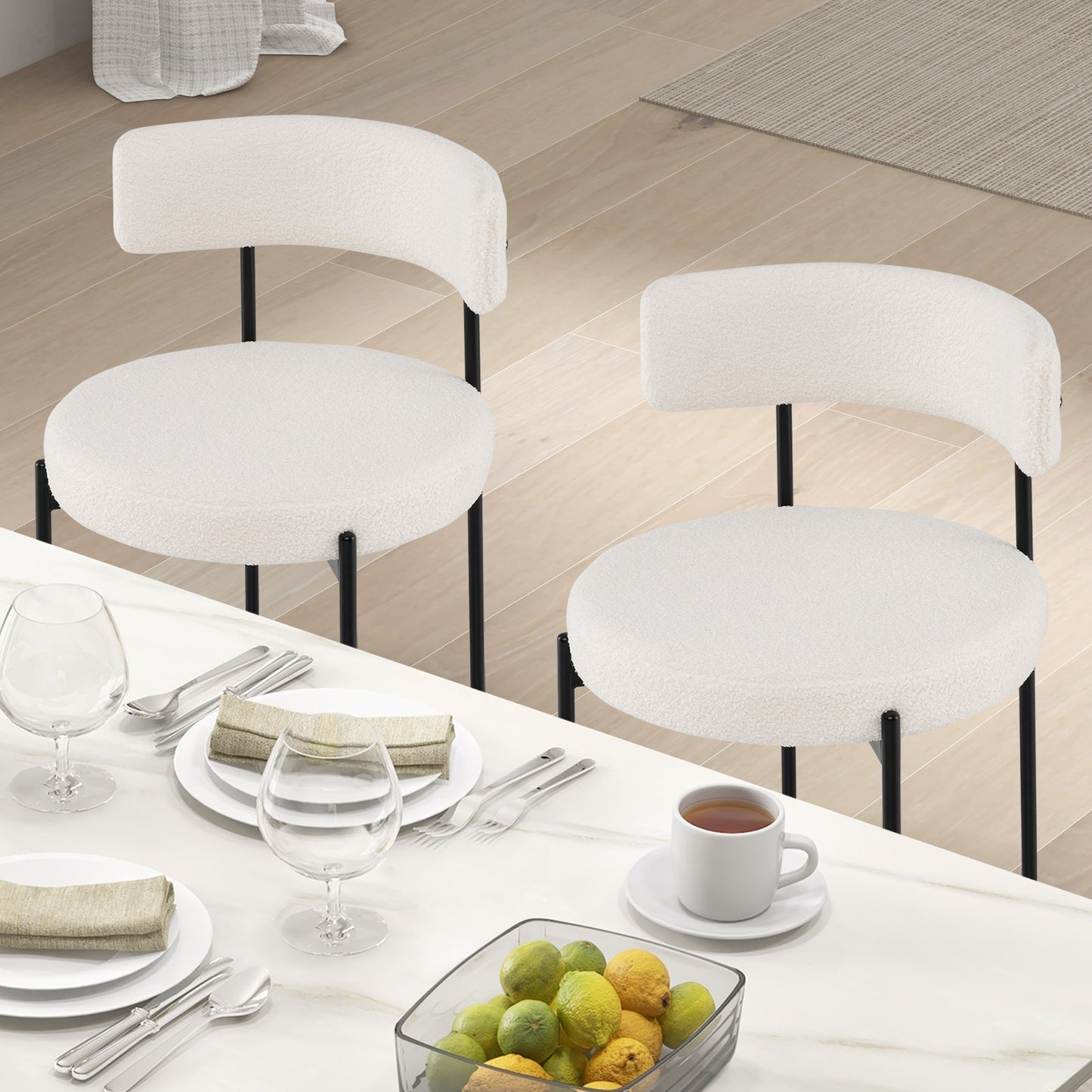 Plush Faux Sherpa Boucle Dining Chairs with Curved Back and Metal Legs Set of 4
