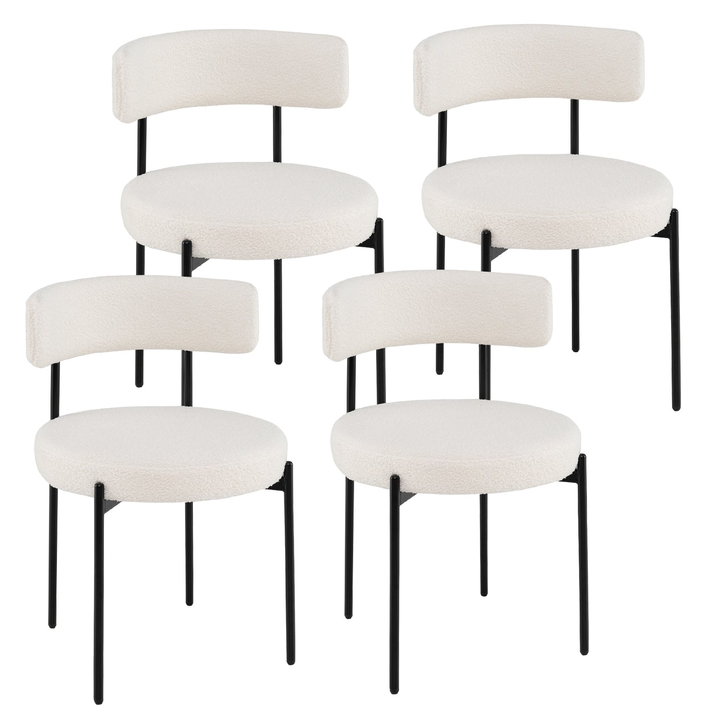 Plush Faux Sherpa Boucle Dining Chairs with Curved Back and Metal Legs Set of 4