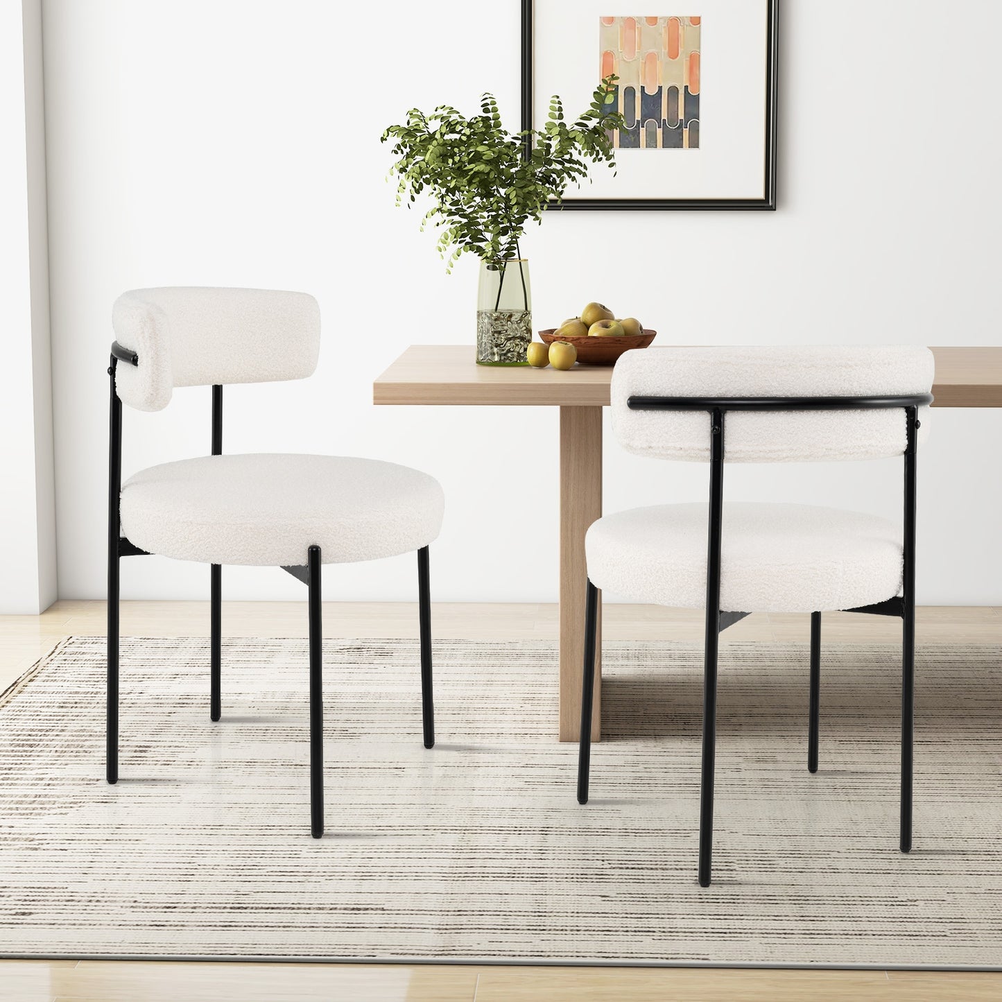 Plush Faux Sherpa Boucle Dining Chairs with Curved Back and Metal Legs Set of 4