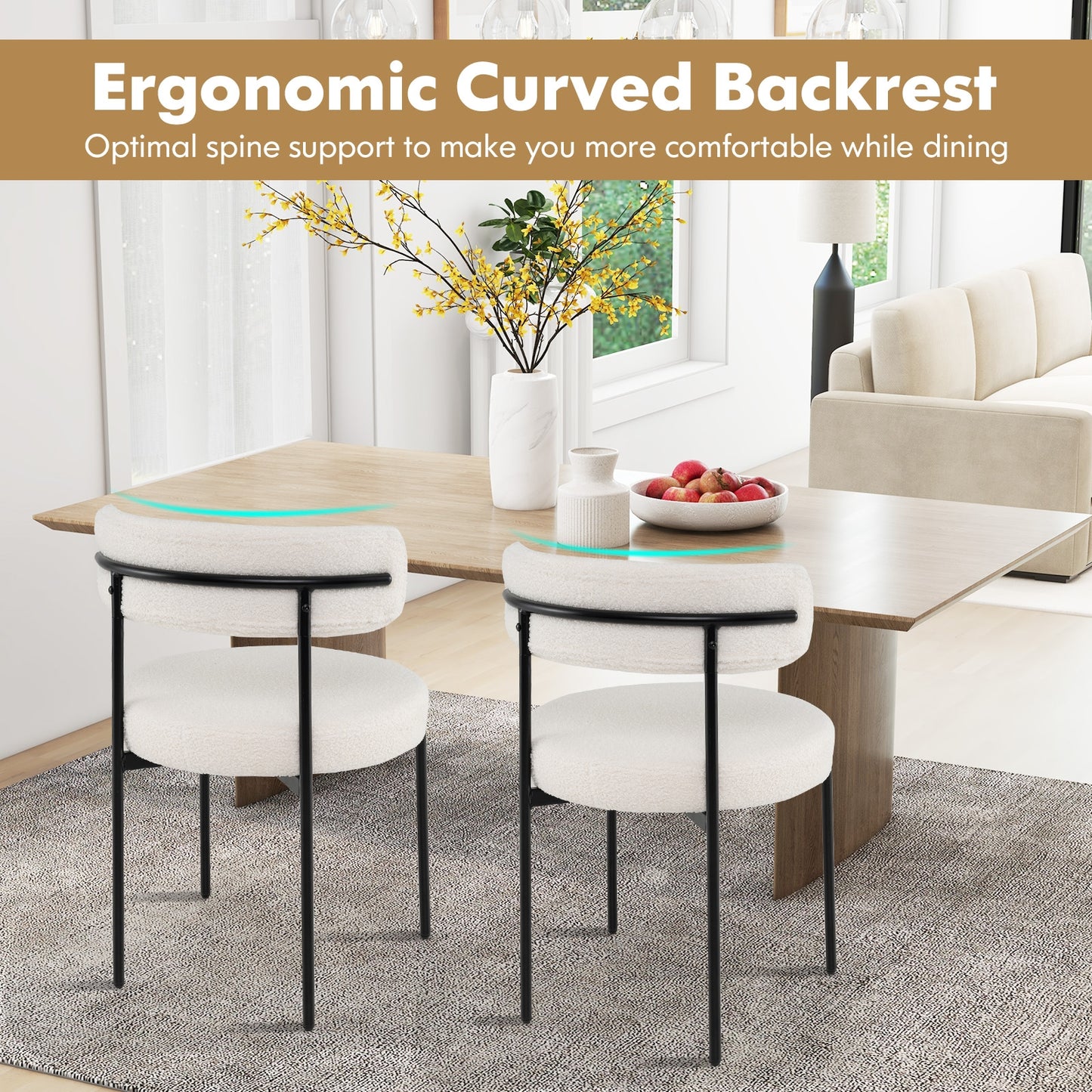 Plush Faux Sherpa Boucle Dining Chairs with Curved Back and Metal Legs Set of 4