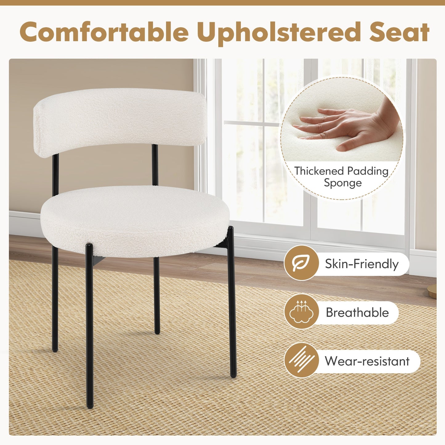 Plush Faux Sherpa Boucle Dining Chairs with Curved Back and Metal Legs Set of 4