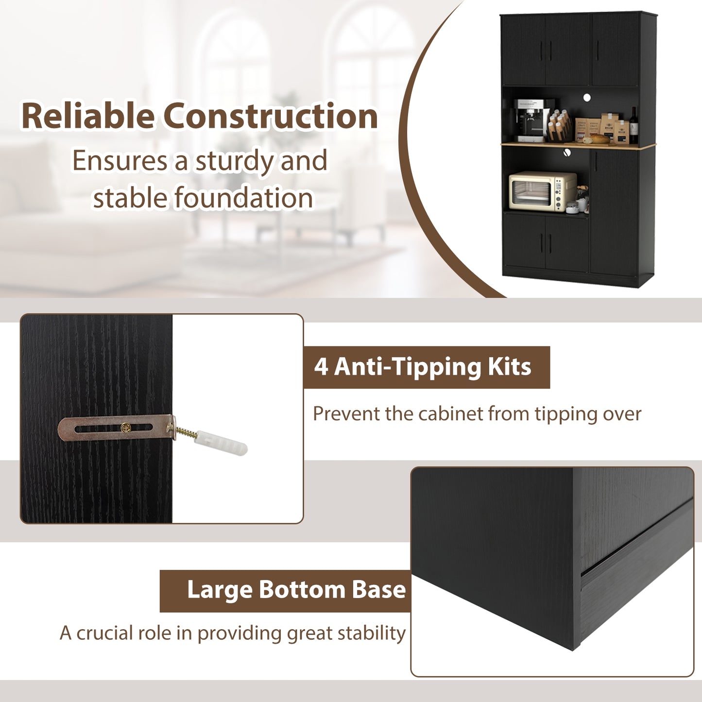 Tall Kitchen Pantry Cabinet with Charging Station and Storage Shelves Buffet Sideboard Cupboard 71 Inch