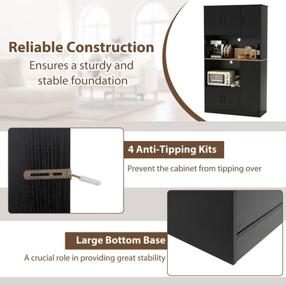 Tall Kitchen Pantry Cabinet with Charging Station and Storage Shelves Buffet Sideboard Cupboard 71 Inch