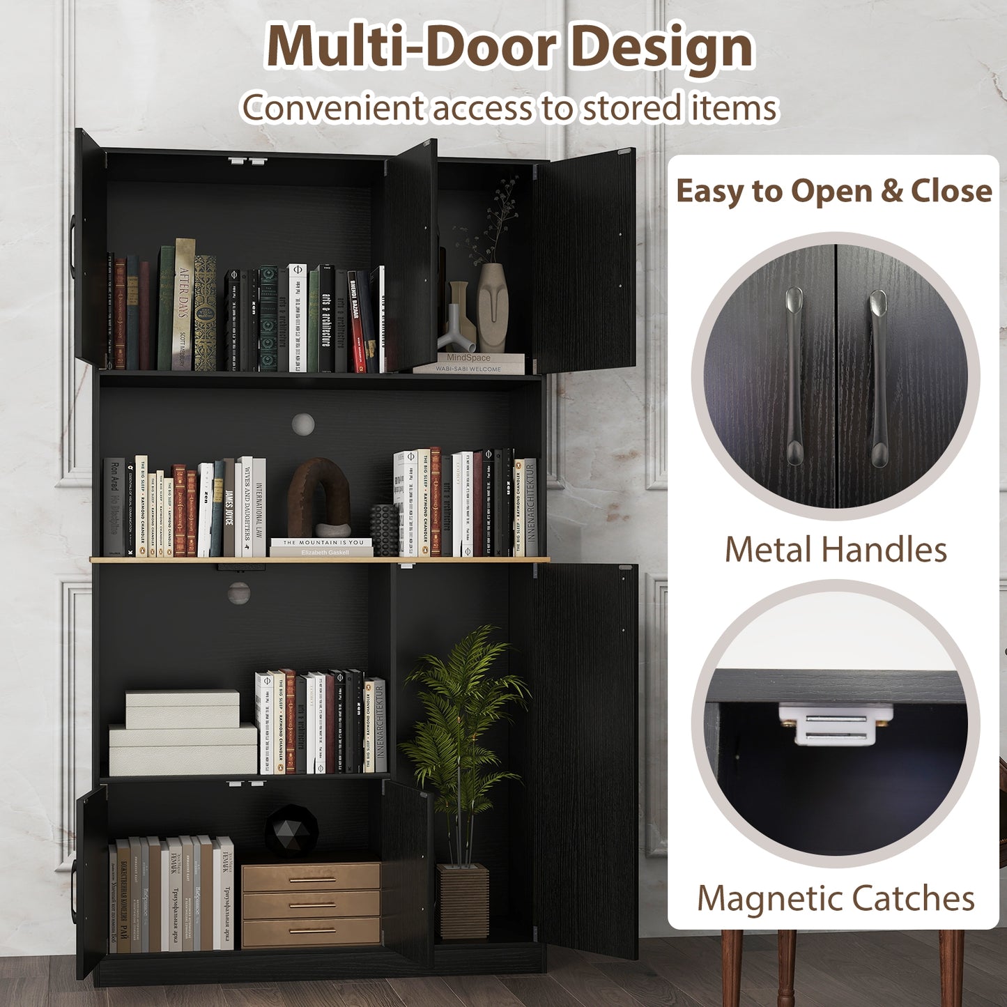 Tall Kitchen Pantry Cabinet with Charging Station and Storage Shelves Buffet Sideboard Cupboard 71 Inch