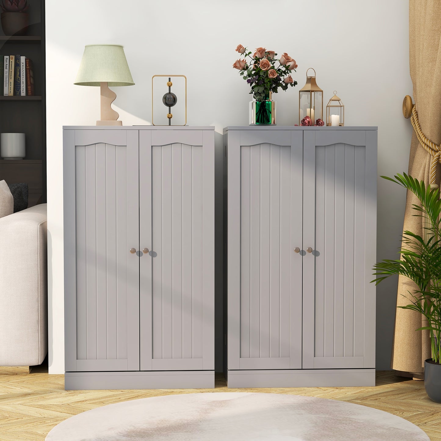 17-Tier Freestanding Kitchen Pantry Cabinet with Double Doors and Adjustable Shelves - Grey