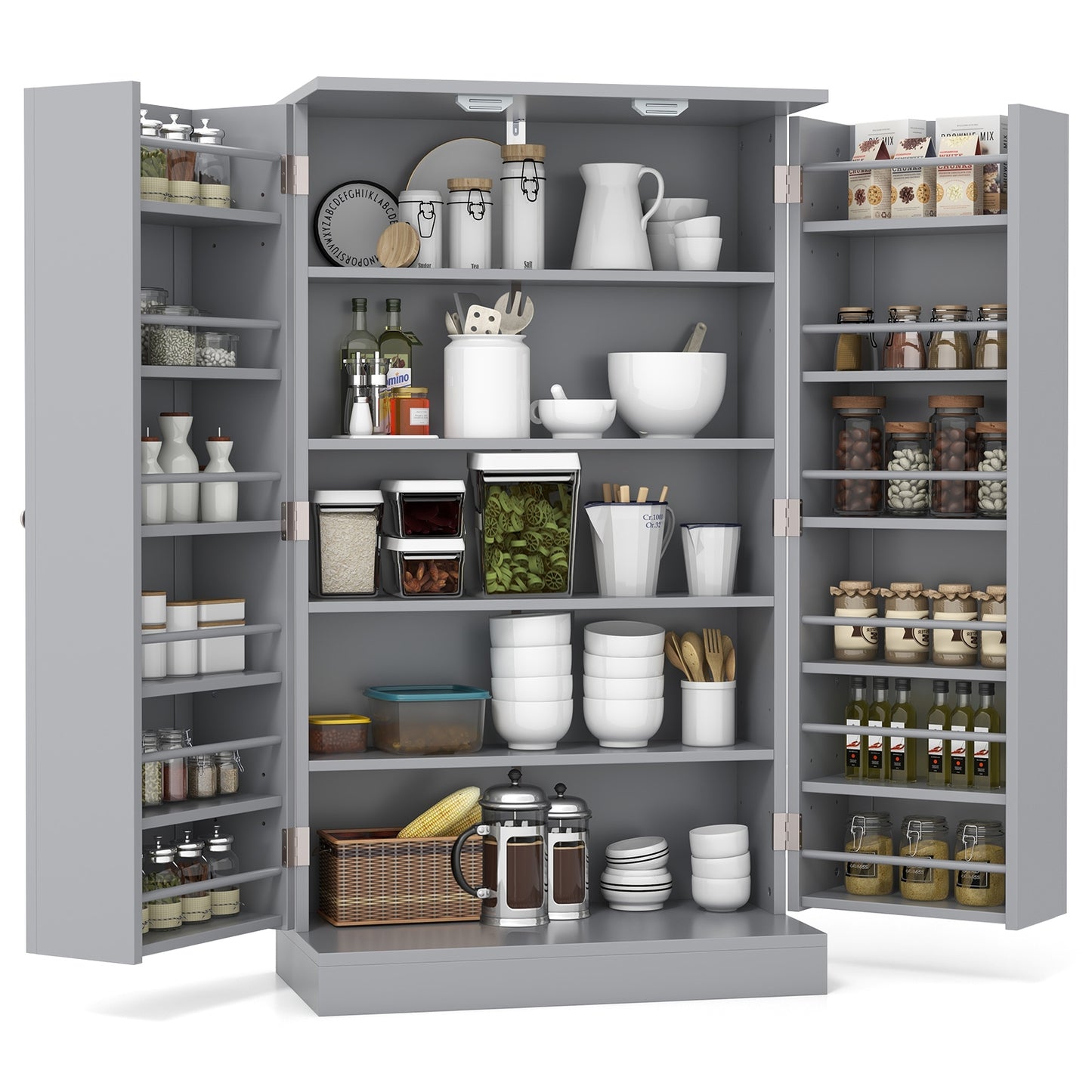 17-Tier Freestanding Kitchen Pantry Cabinet with Double Doors and Adjustable Shelves - Grey