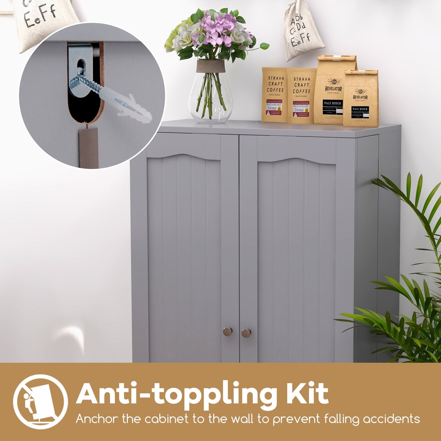 17-Tier Freestanding Kitchen Pantry Cabinet with Double Doors and Adjustable Shelves - Grey