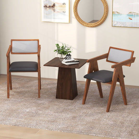 Set of 2 Mid Century Accent Chairs with Curved Sherpa Backrest and Leathaire Cushions - Walnut