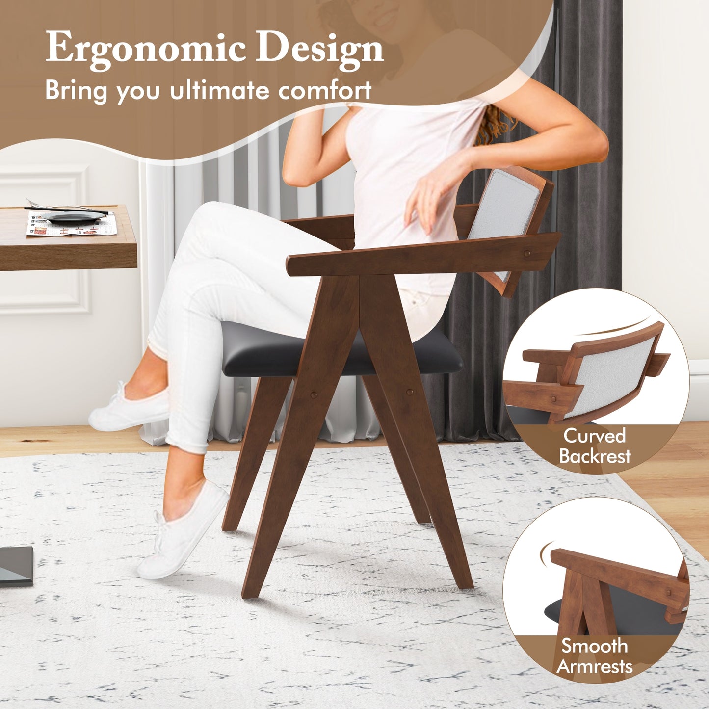 Set of 2 Mid Century Accent Chairs with Curved Sherpa Backrest and Leathaire Cushions - Walnut