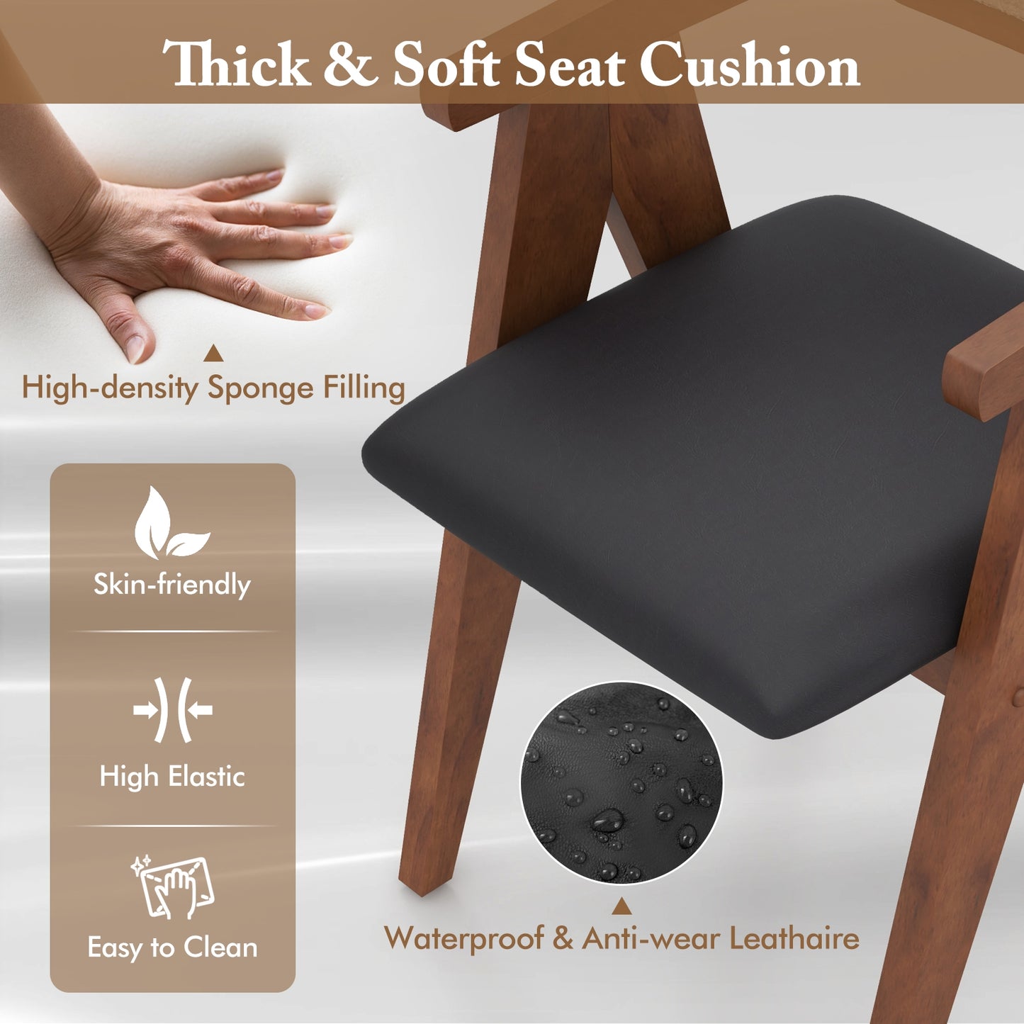 Set of 2 Mid Century Accent Chairs with Curved Sherpa Backrest and Leathaire Cushions - Walnut