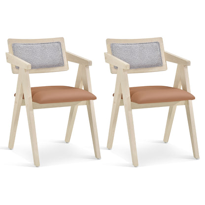 Set of 2 Mid Century Accent Chairs with Curved Sherpa Backrest and Leathaire Cushions - Beige