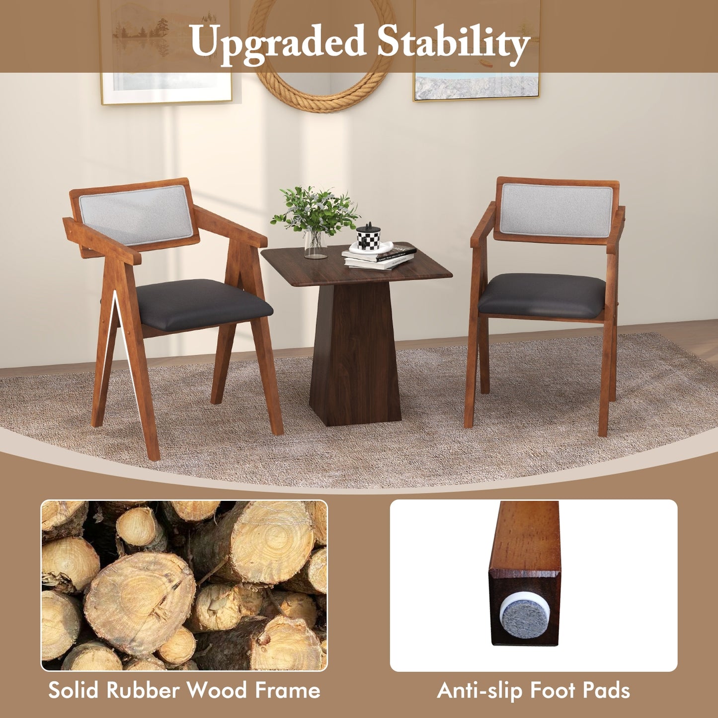 Set of 2 Mid Century Accent Chairs with Curved Sherpa Backrest and Leathaire Cushions - Walnut