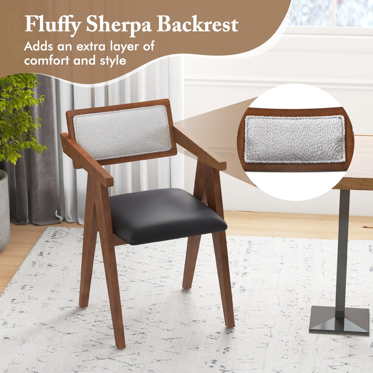 Set of 2 Mid Century Accent Chairs with Curved Sherpa Backrest and Leathaire Cushions - Walnut