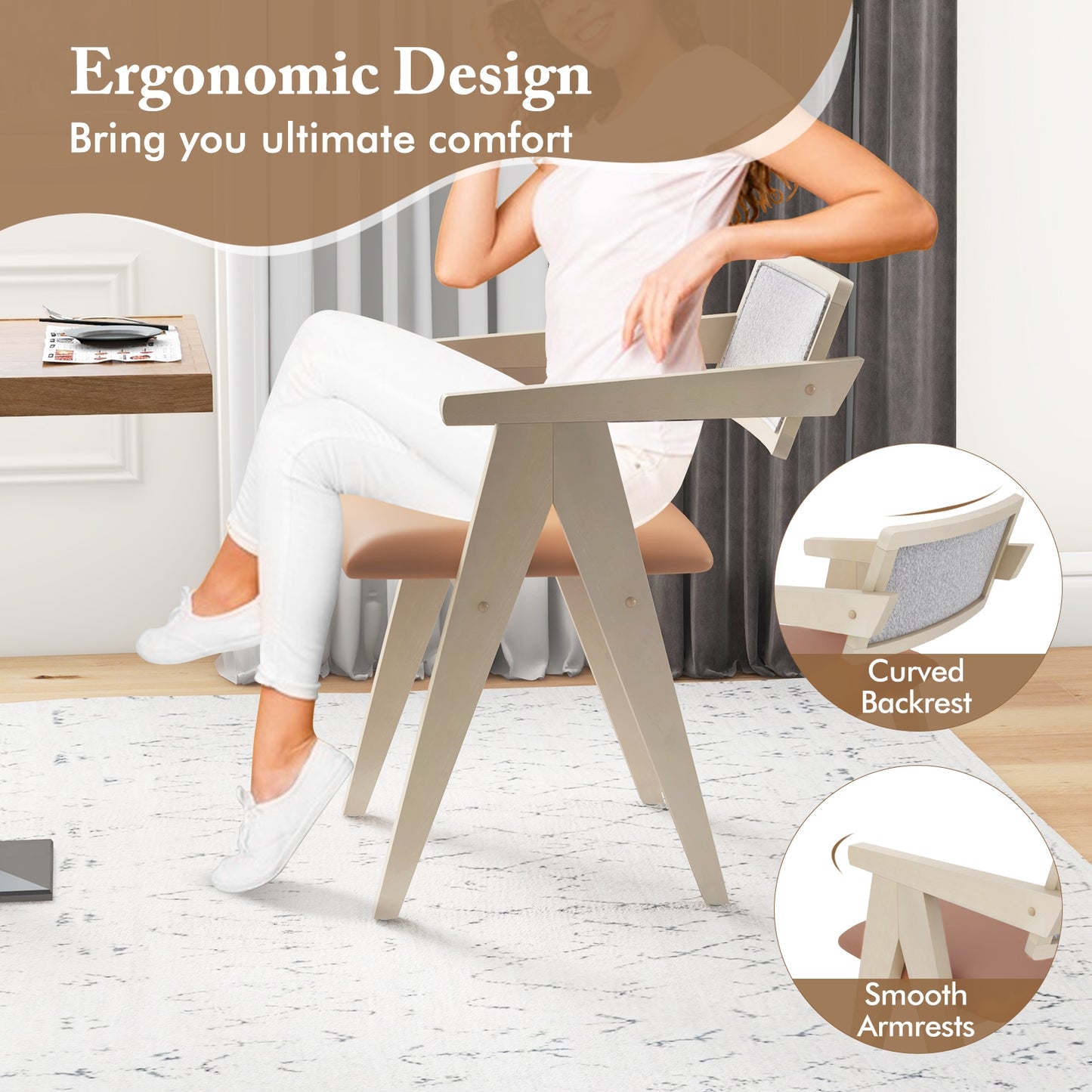 Set of 2 Mid Century Accent Chairs with Curved Sherpa Backrest and Leathaire Cushions - Beige