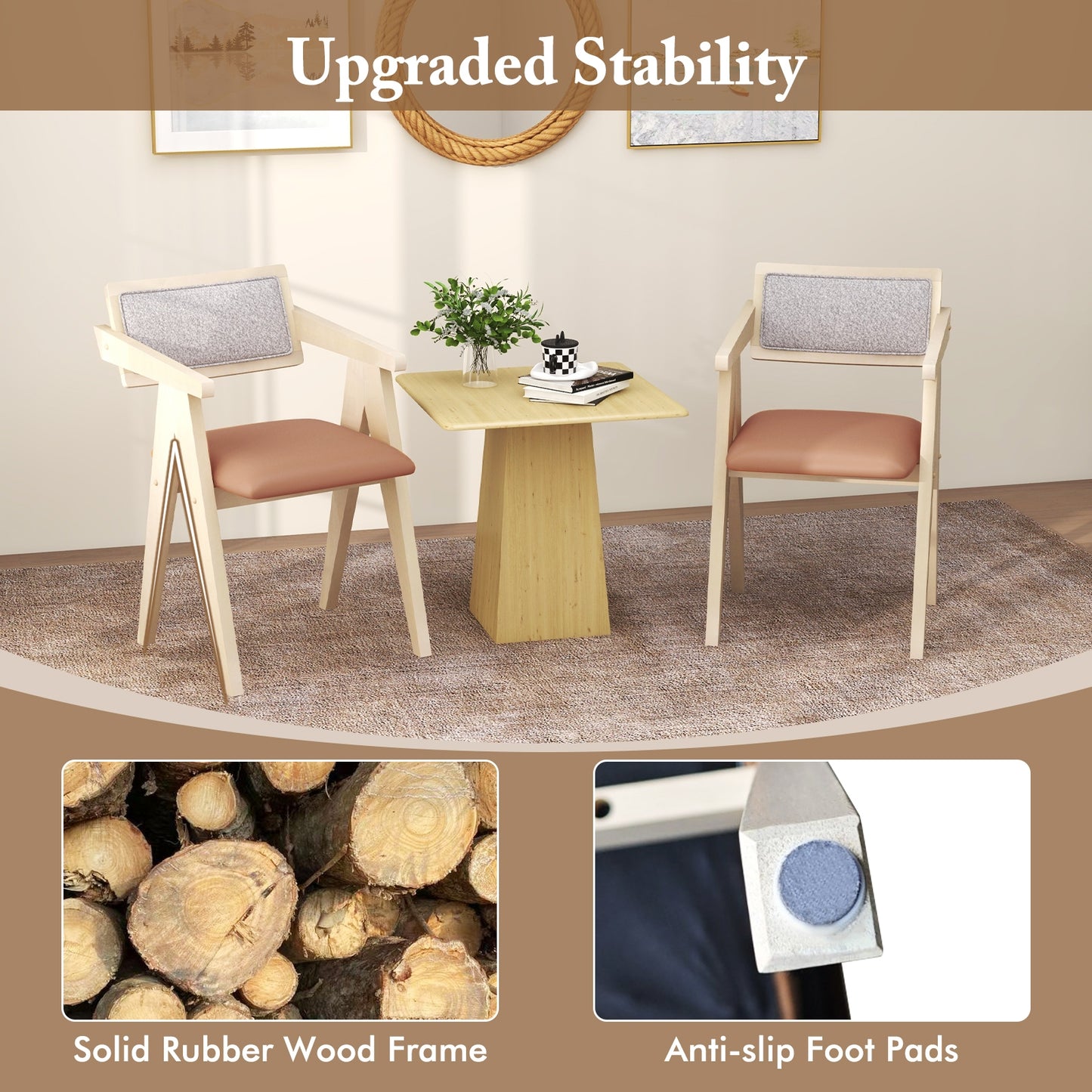 Set of 2 Mid Century Accent Chairs with Curved Sherpa Backrest and Leathaire Cushions - Beige