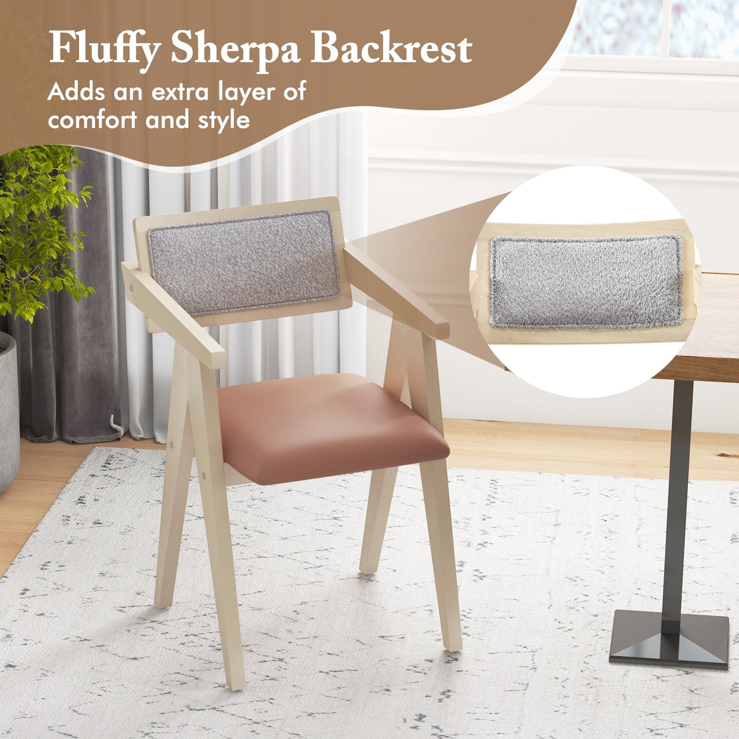 Set of 2 Mid Century Accent Chairs with Curved Sherpa Backrest and Leathaire Cushions - Beige
