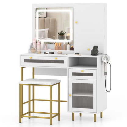 Modern Vanity Set with LED Mirror, Storage Drawers & Cushioned Stool