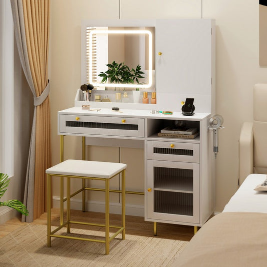 Modern Vanity Set with LED Mirror, Storage Drawers & Cushioned Stool