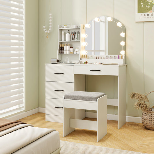 Makeup Vanity Table Set with LED Sliding Mirror, Charging Station and Cushioned Stool – White