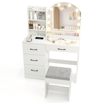 Makeup Vanity Table Set with LED Sliding Mirror, Charging Station and Cushioned Stool – White