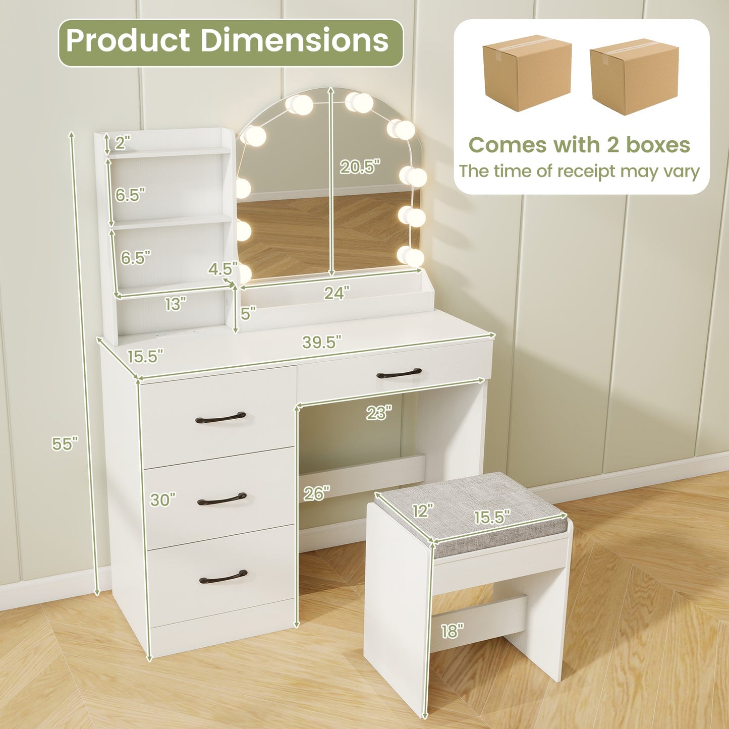 Makeup Vanity Table Set with LED Sliding Mirror, Charging Station and Cushioned Stool – White