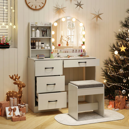 Makeup Vanity Table Set with LED Sliding Mirror, Charging Station and Cushioned Stool – White