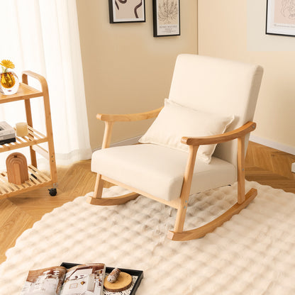 Accent Rocking Chair with Ergonomic Back and Pillow Support Beige