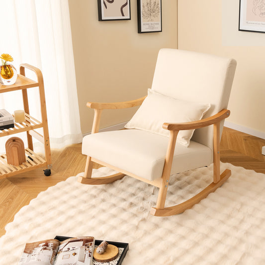 Accent Rocking Chair with Ergonomic Back and Pillow Support Beige
