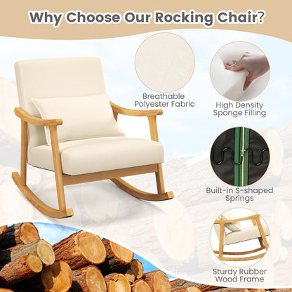 Accent Rocking Chair with Ergonomic Back and Pillow Support Beige