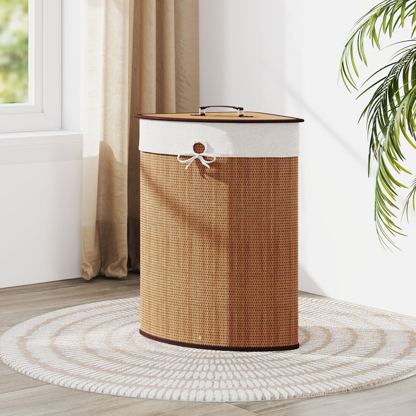 Stylish Bamboo Laundry Basket with Lid and PU Leather Handles