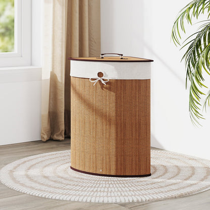 Stylish Bamboo Laundry Basket with Lid and PU Leather Handles