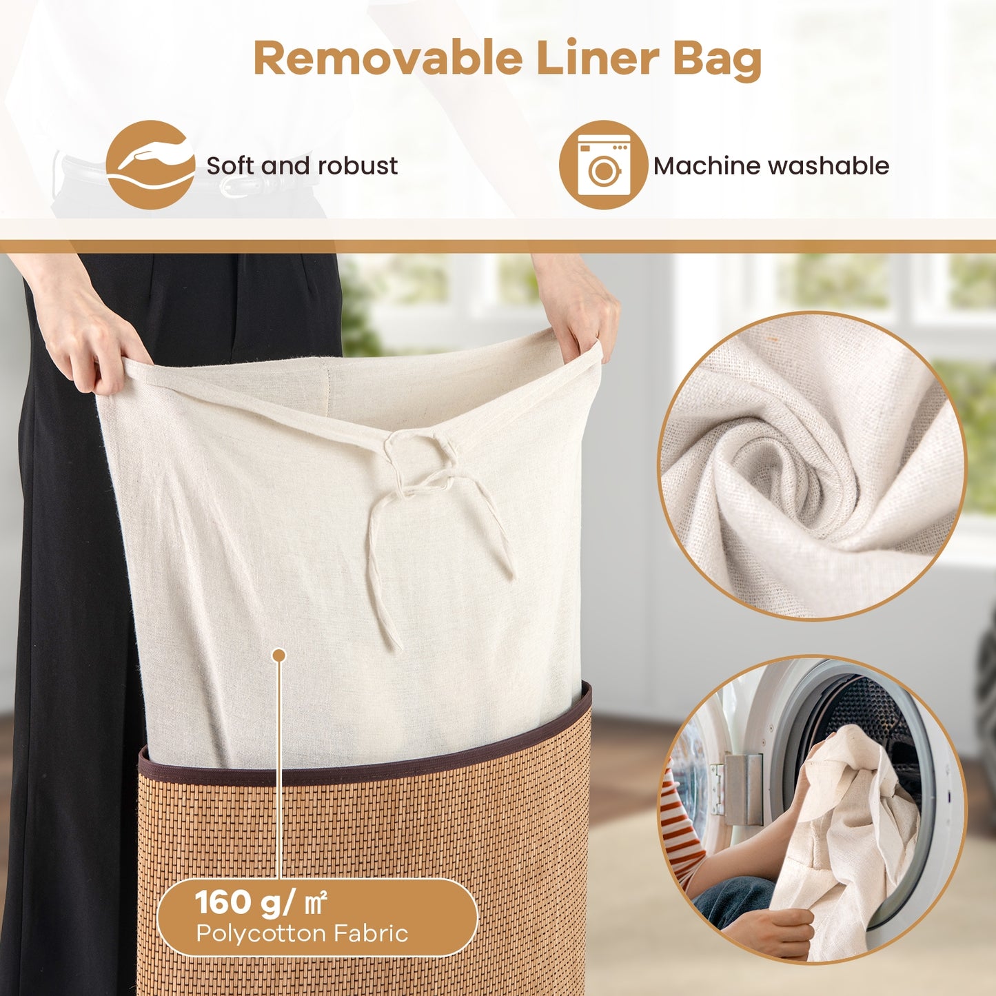 Stylish Bamboo Laundry Basket with Lid and PU Leather Handles