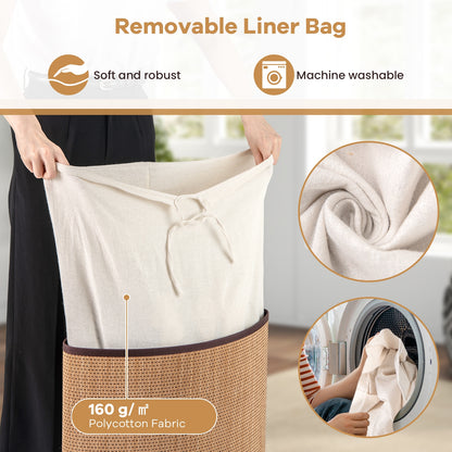 Stylish Bamboo Laundry Basket with Lid and PU Leather Handles