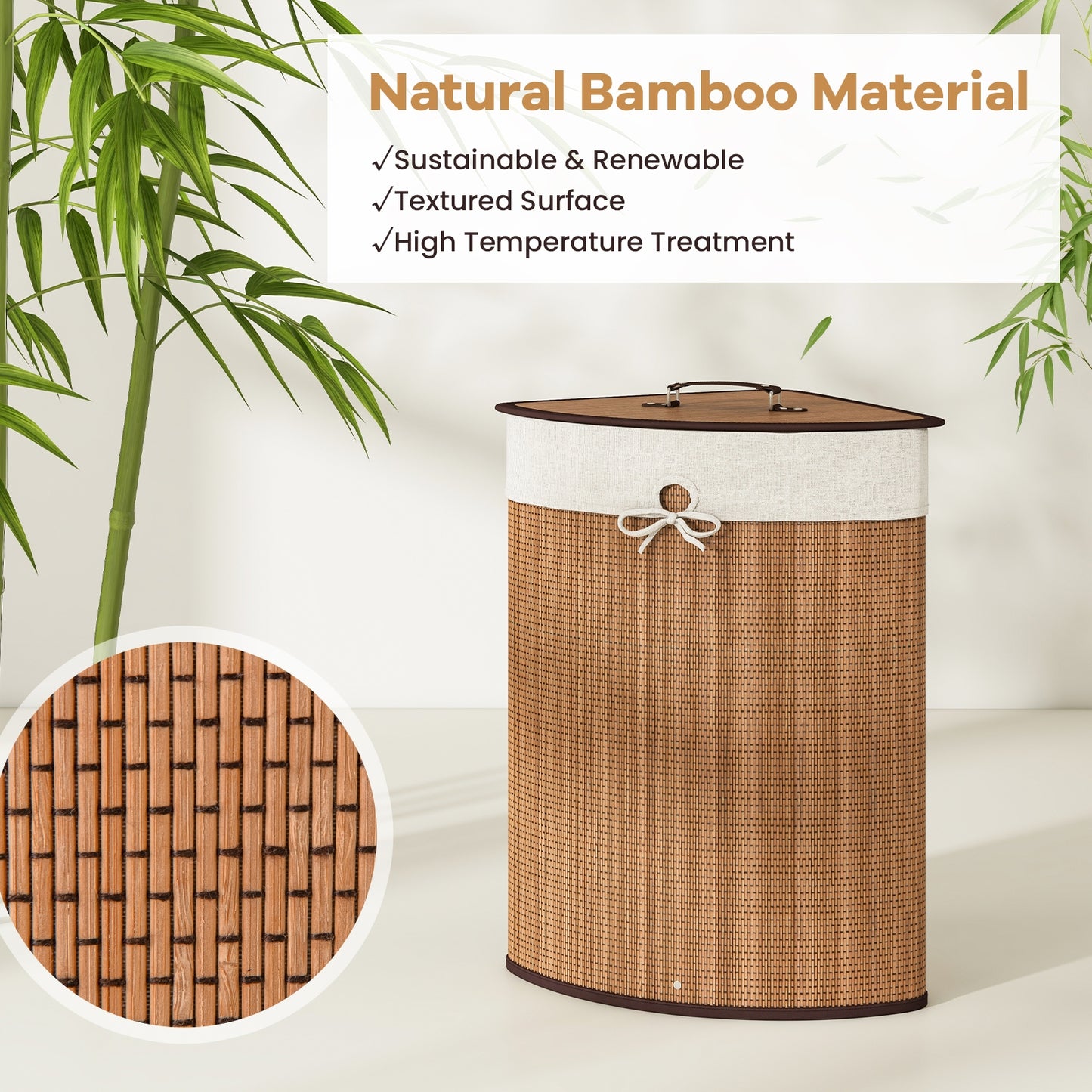 Stylish Bamboo Laundry Basket with Lid and PU Leather Handles