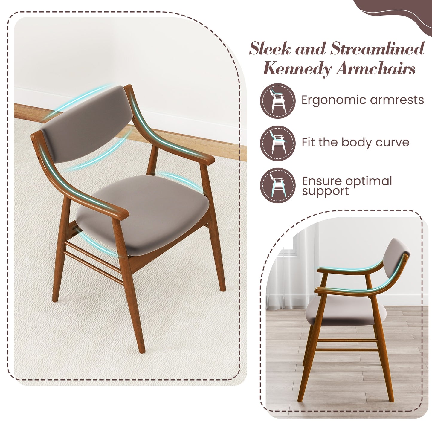 Modern Wood Dining Chairs with Velvet Upholstery and Curved Back Grey Set of 2